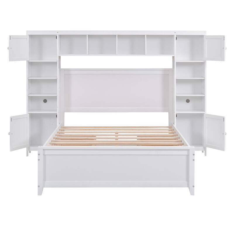 Wooden Bed with Integrated Cabinet and Shelves