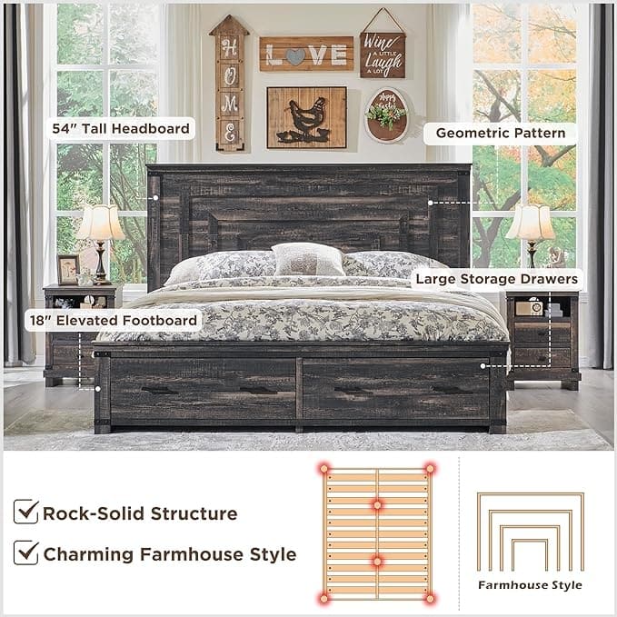 Farmhouse Queen Size Bed Frame w/ 54" Tall Headboard & 2 Large Drawers