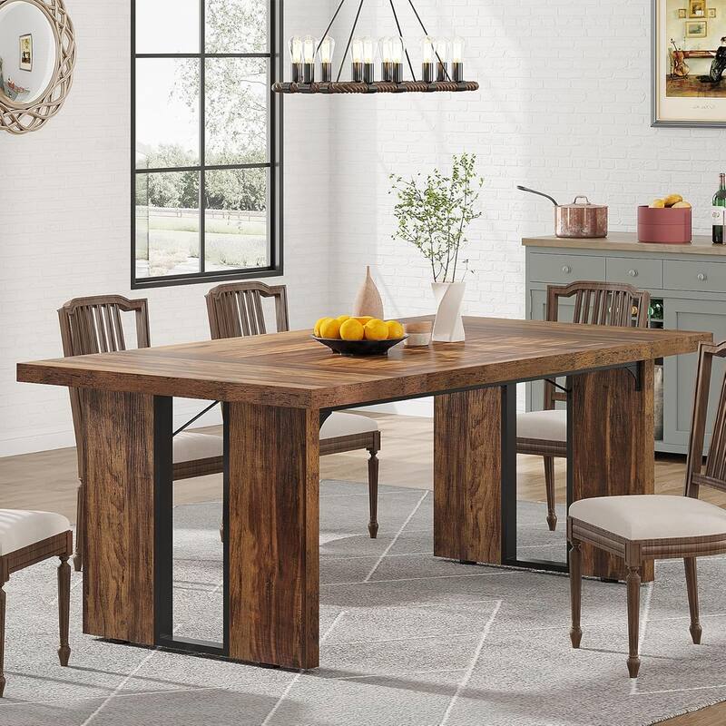 71" Rustic Farmhouse Dining Table for 6-8 People - Large Rectangular Kitchen Table, Wood Dining Room Table for Family Meals - Brown