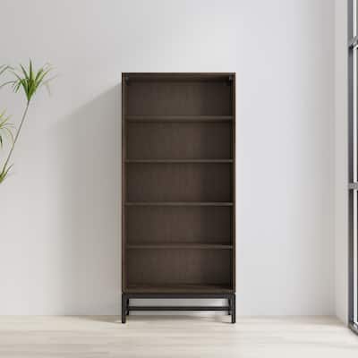 WYNDENHALL Devlin SOLID HARDWOOD and Metal 66 x 30 inchRectangle Industrial Open Shelf Bookcase in Walnut Brown