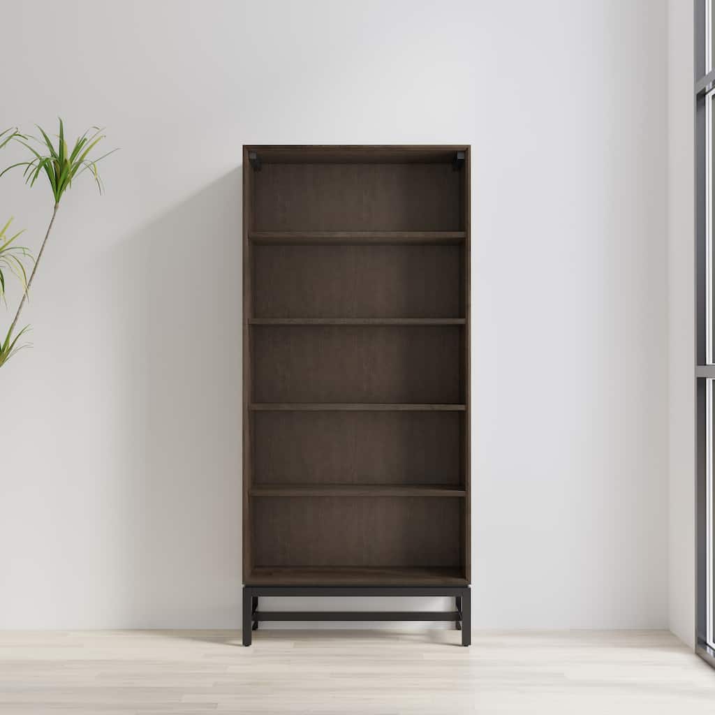 WYNDENHALL Devlin SOLID HARDWOOD and Metal 66 x 30 inchRectangle Industrial Open Shelf Bookcase in Walnut Brown