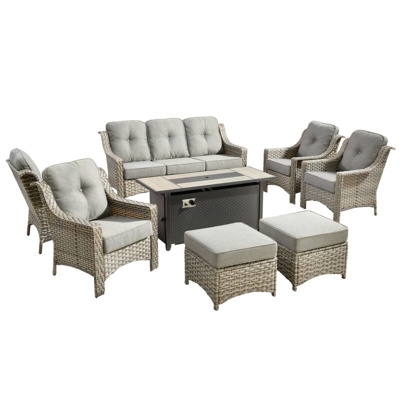 HOOOWOOO 8-piece Wicker Patio Ergonomic Conversation Set with 54" Fire Pit