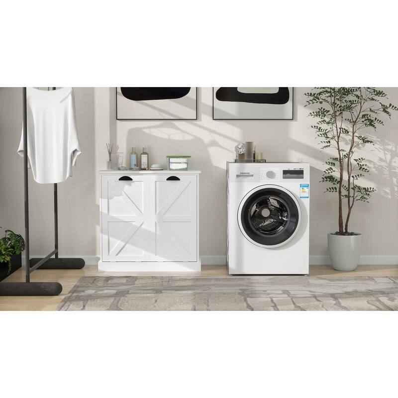 Modern Laundry Sorter Cabinet with Two Compartments and Removable Cloth Bags