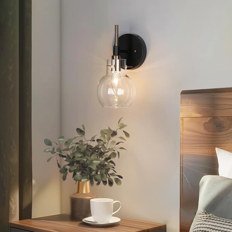 Modern Farmhouse 1-Light Black Gold Wall Sconce Light Fixture with Glass Shade