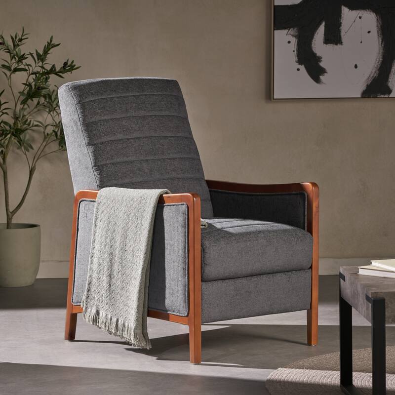 Roomfitters Mid-Century Push-Back Recliner Chair with Channel Tufting and Wood Frame, Accent Chair for Living Room, Charcoal