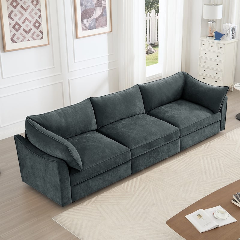 Rossetta 3-Seater Crescent Armrests Sofa with Pull-Out Storage Drawers and Wraparound Cushions in Classic Color Chenille