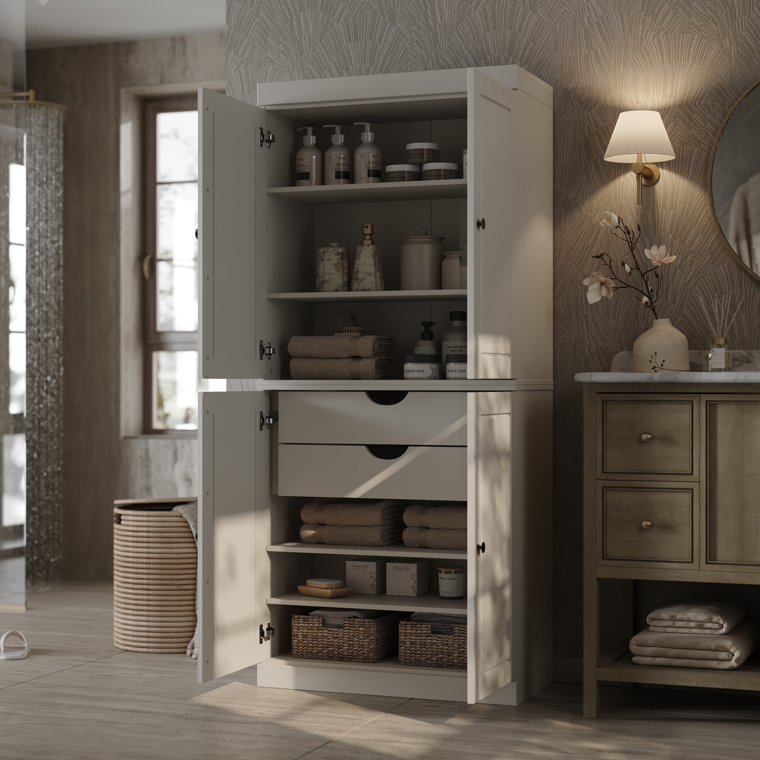 Palace Imports 100% Solid Wood Tall Raised Panel Bathroom Linen Cabinet with 2 Drawers, 32" W x 71.5" H
