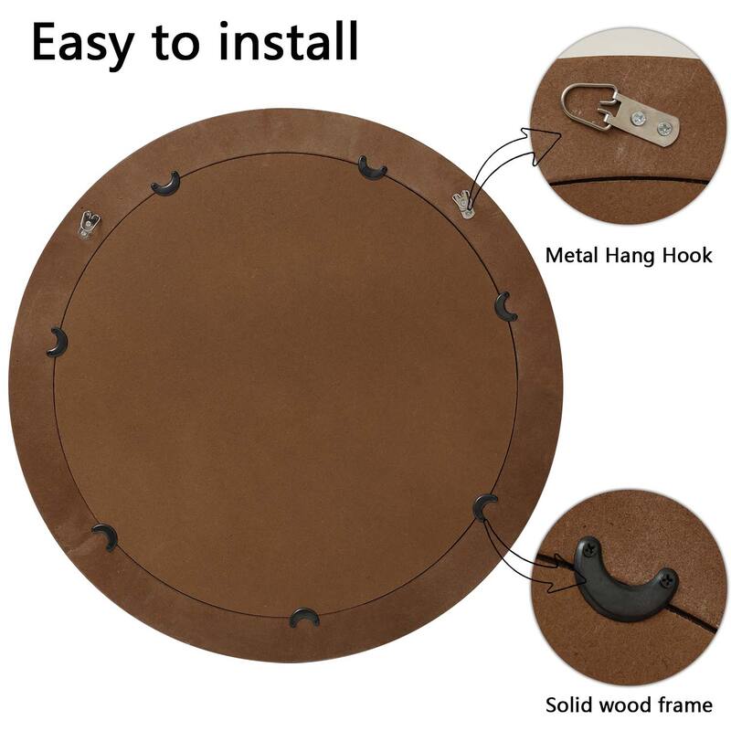 31.5 inches Round Wall Mirror for Bathroom Vanity, Wooden Farmhouse Circle Mirrors for Bedroom, Entryway, Living Room