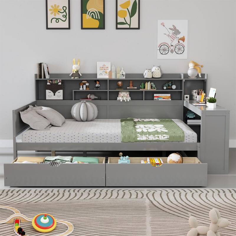 Twin/Full Size Daybed with 2 Storage Drawers and Study Desk, Wooden Multi-functional Sofa Bed Frame with Storage Shelves