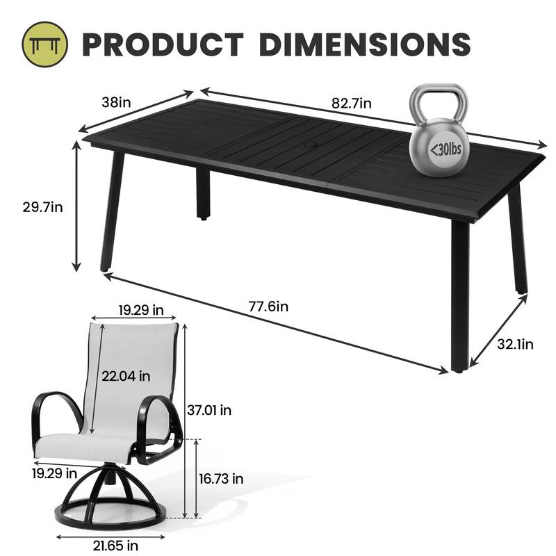 7/9-Piece Outdoor Patio Dining Set Swivel Sunbrella Dining Chairs and Aluminum Dining Table with Umbrella Hole