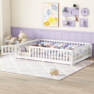 White Full Size Pine Wood Floor Bed with Safety Guardrails and Door for Kids
