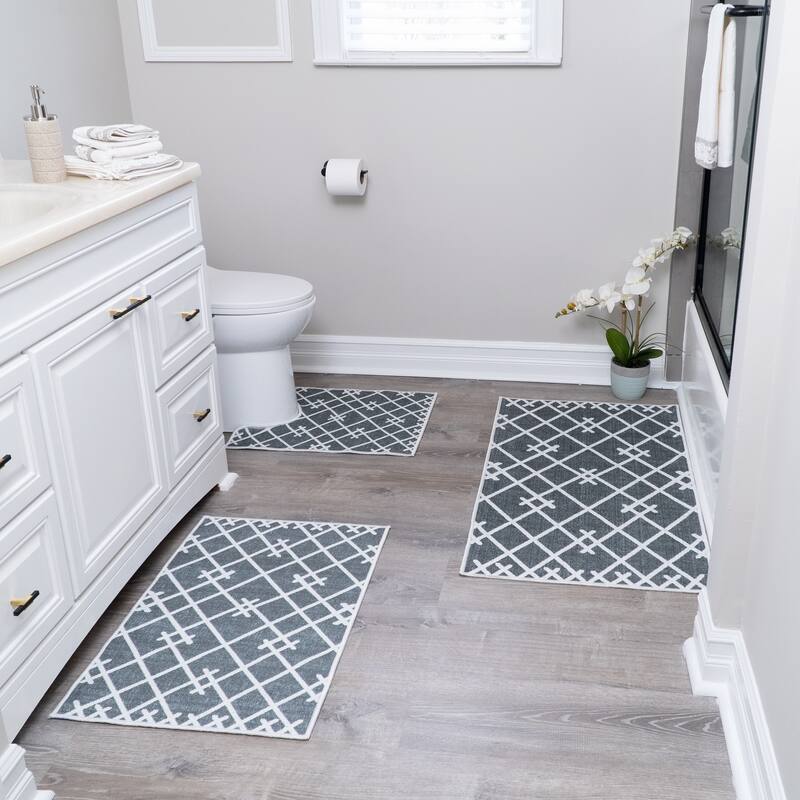 Geometric Design 3 Piece Bathroom Rugs Set - Non-Slip Ultra Thin Bath Rugs for Bathroom Floor - Washable Bathroom Mats Set