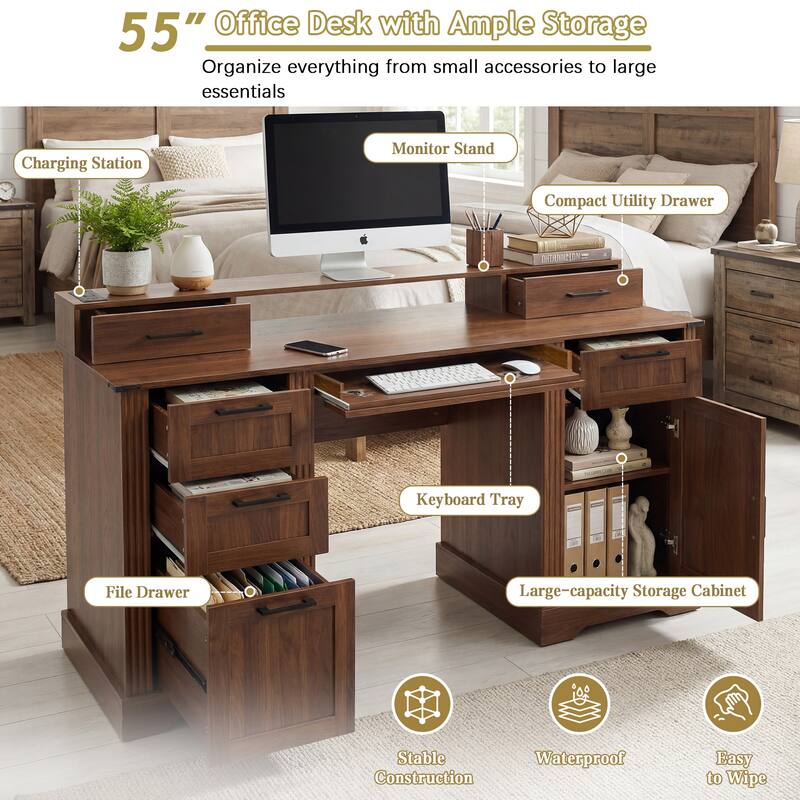 59" Farmhouse Office Desk With Charging Station & Storage Cabinet, Barn Door Design Home Office Study Desk with File Drawer