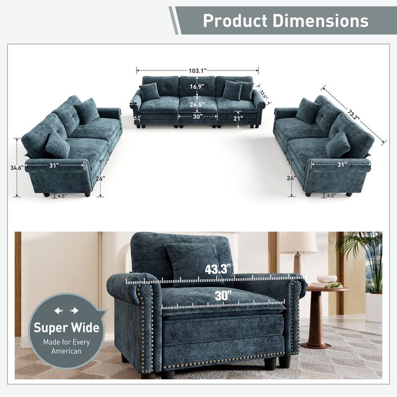 MASION ARTS 3-Piece Modular Sectional Sofa, Oversized Cloud Couch with Armchairs/Loveseats, Deep Seat Sofa (5–7 Seats)