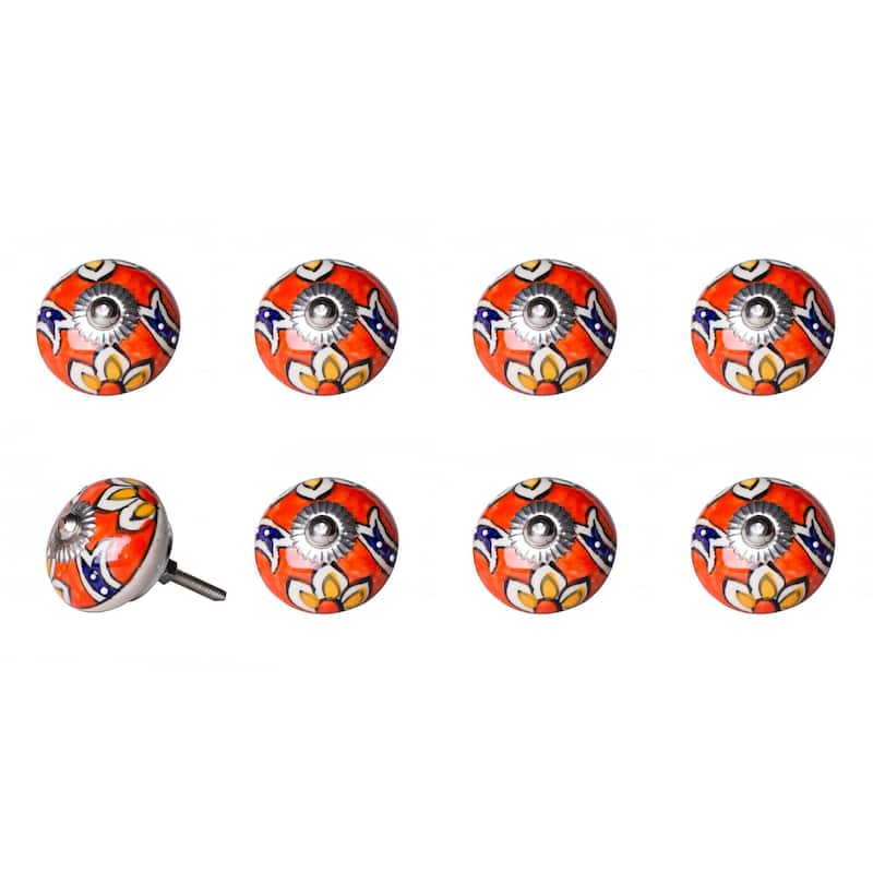 HomeRoots Set of Eight Orange And White Floral Ceramic Drawer Pull Knobs - 1.5" x 1.5" x 1.5"