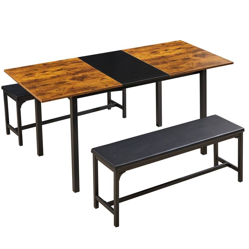 VECELO 3-Piece Dining Table Set with 2 Benches, 63" Extendable Kitchen Table & Chairs Set for 4-8, Dining Room Table