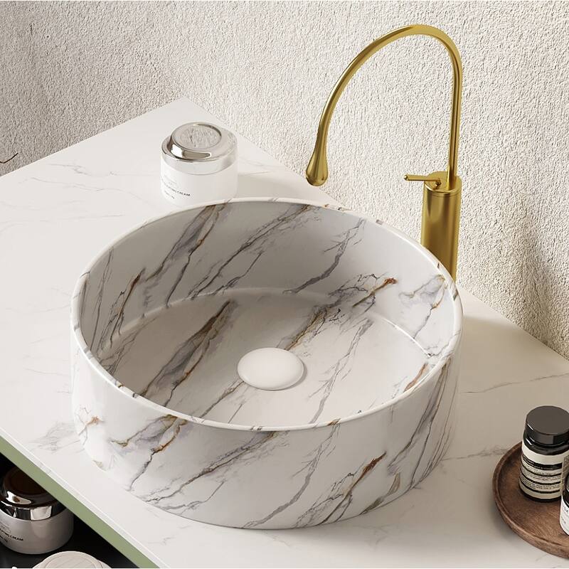 14" Bathroom Round Ceramic Sink with Stone Pattern, No Faucet