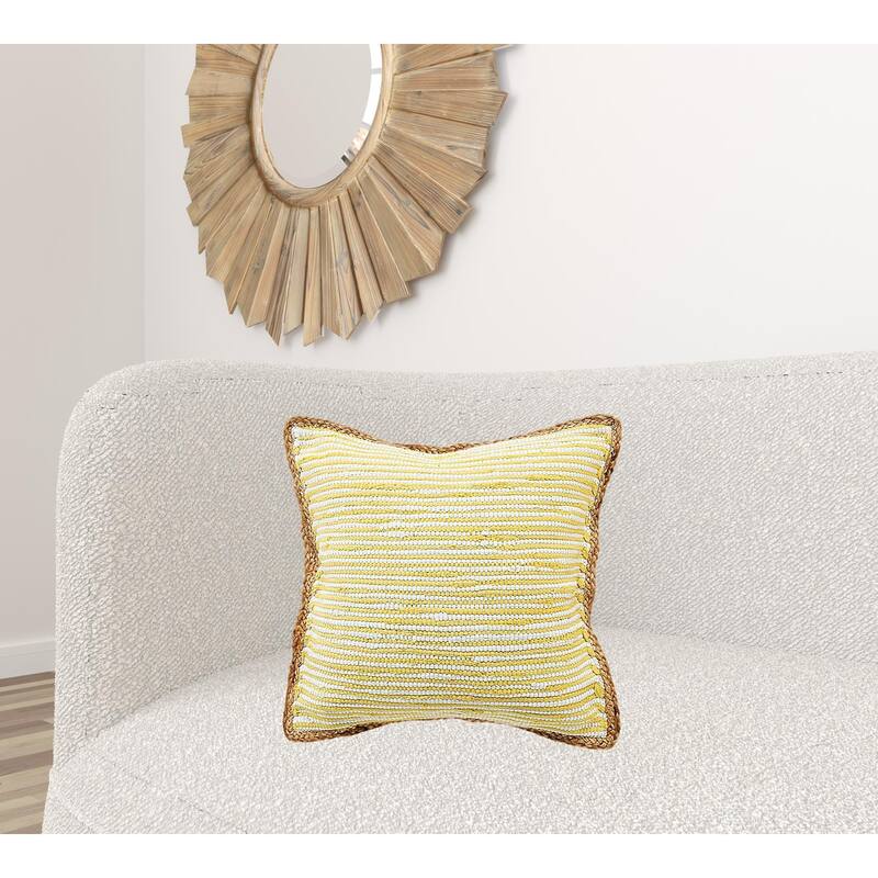 HomeRoots 20" X 20" Golden Yellow, White And Tan 100% Cotton Striped Zippered Pillow