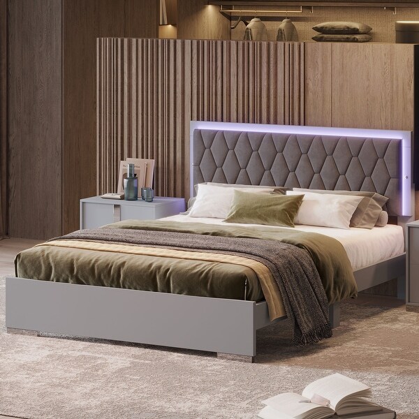 うり様CABaNライトグレーxs Queen Size Bed with LED Lights & Velvet Headboard - Bed Bath
