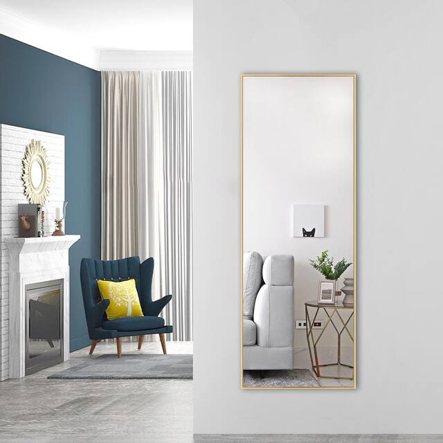 Modern Sleek Metal Frame Full-length Hanging or Leaning Wall Mirror - 43X16 - Gold