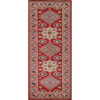 Geometric Red Kazak Runner Rug Hand-Knotted Wool Carpet - 2'9" x 8'0"