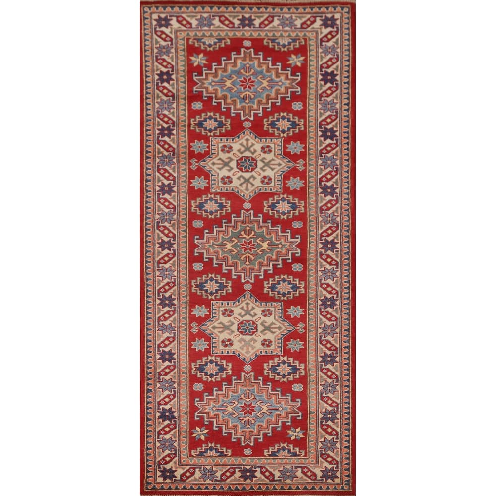 Geometric Red Kazak Runner Rug Hand-Knotted Wool Carpet - 2'9" x 8'0"