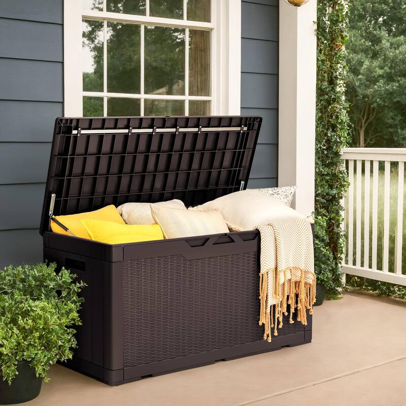 100 Gallon Resin Deck Box with Cushion,Outdoor Weatherproof Large Storage Box,Lockable Storage Container for Patio Furniture