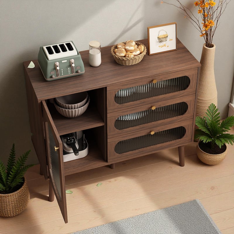 Natural Wood Accent Cabinet with 3 Drawers and Door, Storage Sideboard with Shelves for Living Room or Entryway