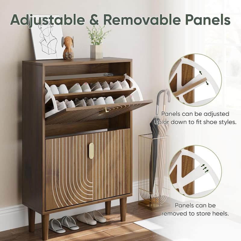 Freestanding Shoe Storage Cabinet with 2 Flip Drawers - Shoe Organizer with Metal Handles & Line Groove Design
