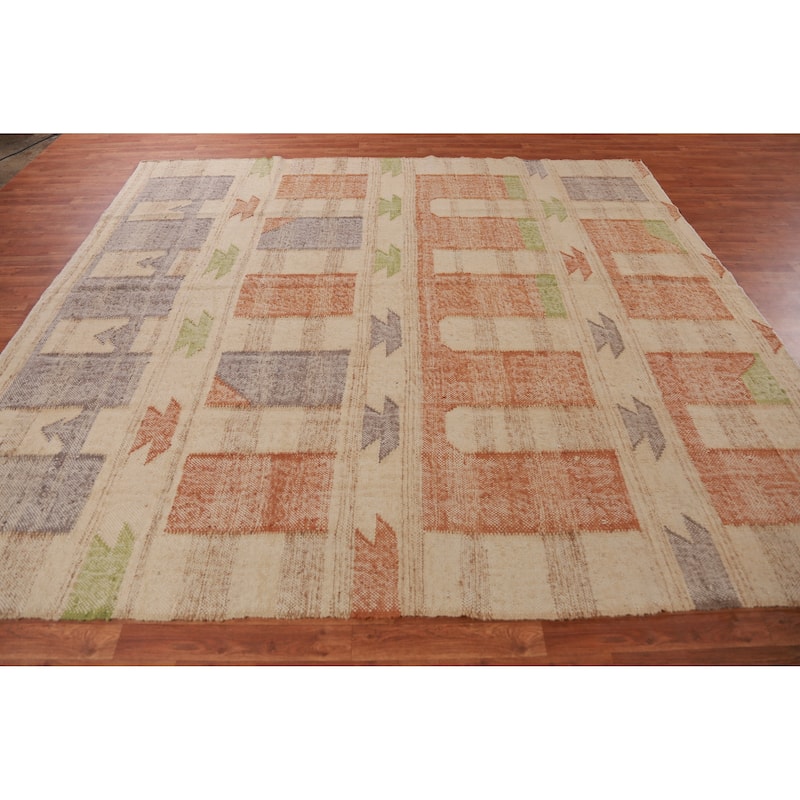Hand Woven Oriental 100% Jute Carpet Southwestern Modern Beige & Ivories Kilim Area Rug - 9' 7'' X 8' 9''