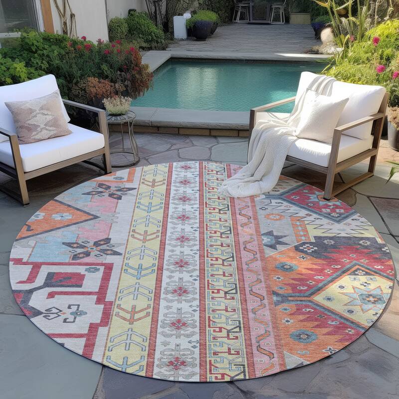 Machine Washable Indoor/ Outdoor Boho Tribal Chantille Rug - Linen - 8' x 8'