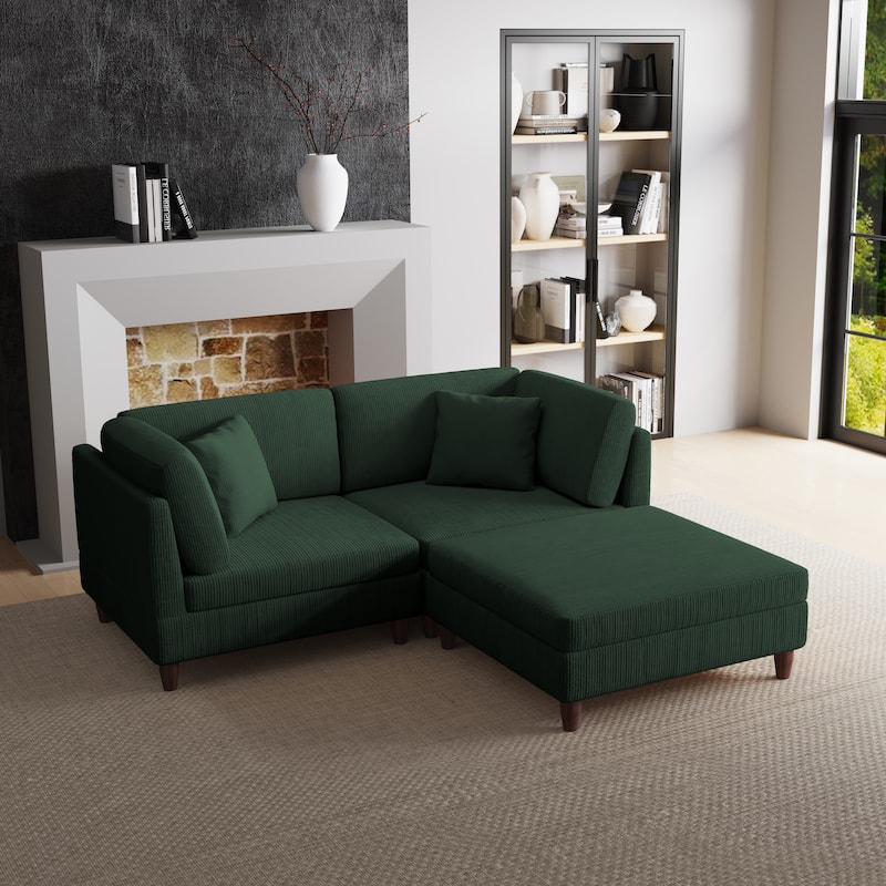 Corduroy Modular Sectional Sofa Set With Ottoman - 3 Pieces/Hunter Green - Symmetrical