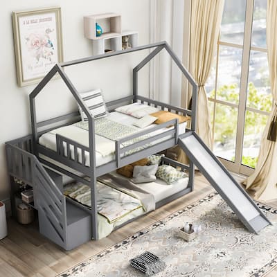 Roomfitters Twin over Twin House Bunk Bed with Convertible Slide and Reversible Storage Staircase