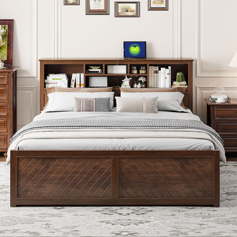 King Size Wood Platform Bed with Multi-storage Headboard, USB and Drawers - Wood