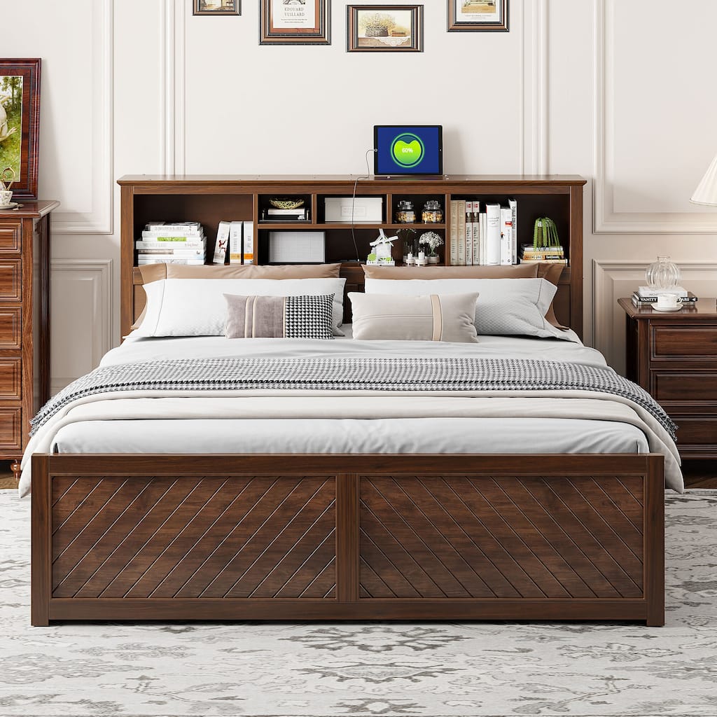 King Size Wood Platform Bed with Multi-storage Headboard, USB and Drawers
