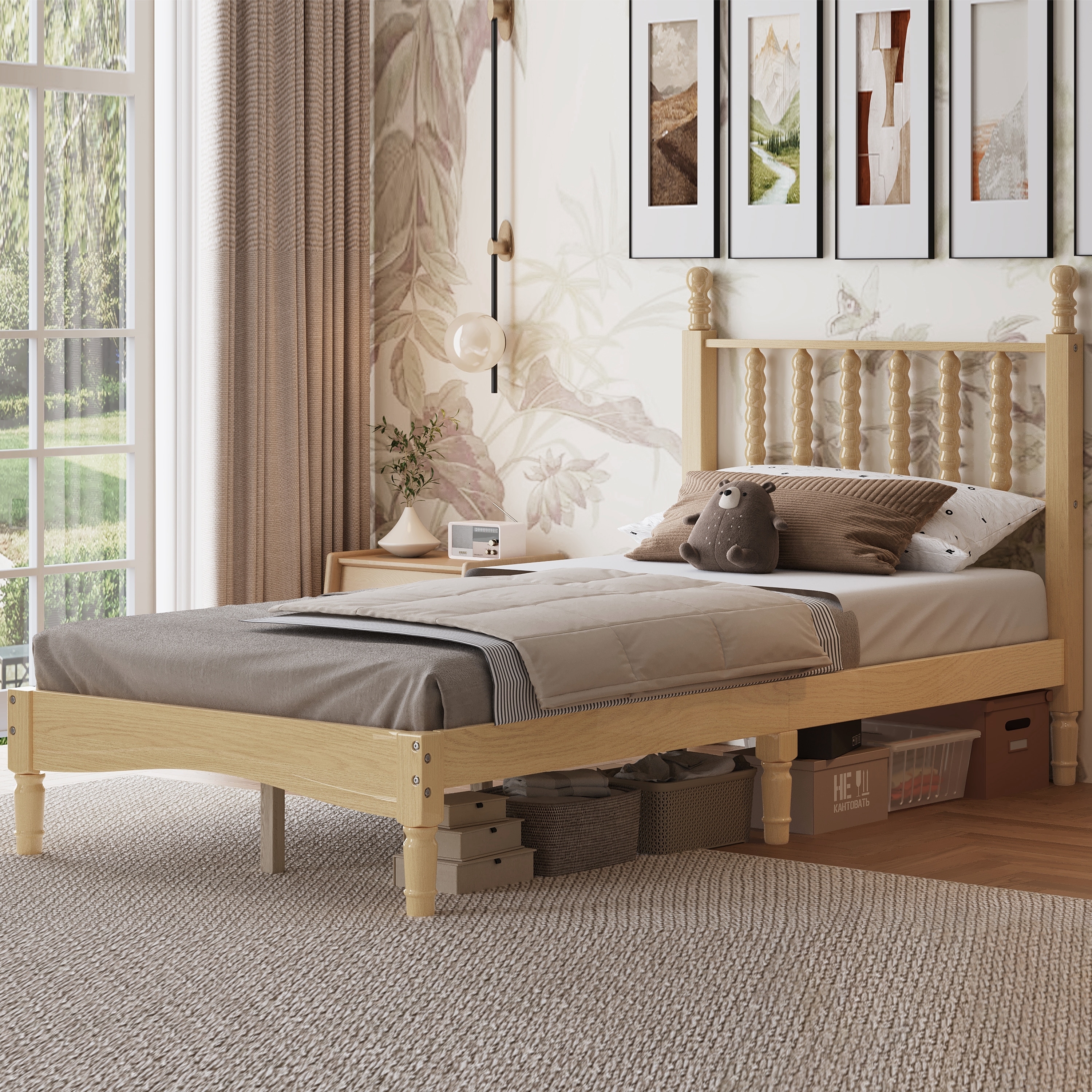 Twin Size Wood Platform Bed with Gourd Shaped Headboard,Retro Style Platform Bed with Wooden Slat Support