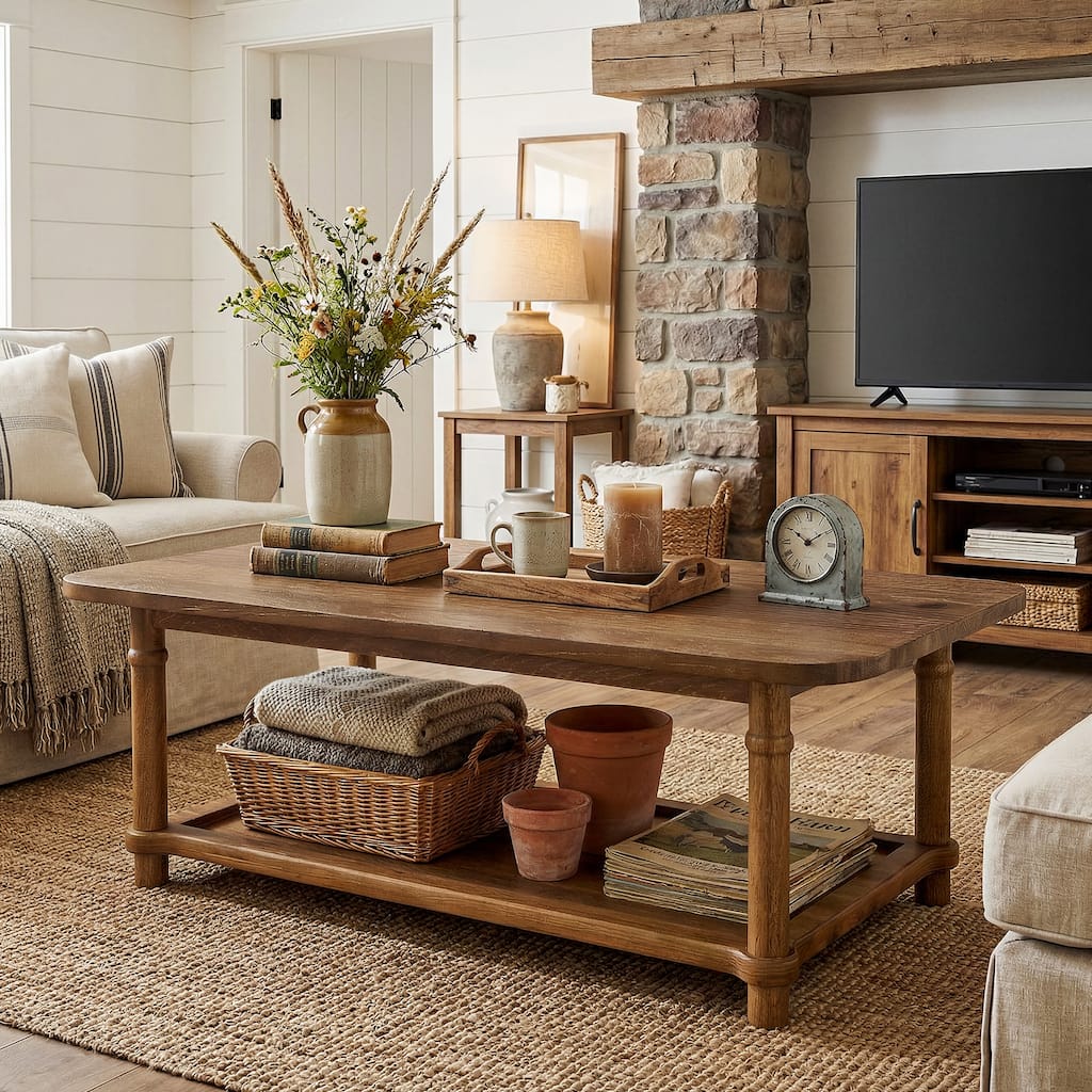 47" Rectangle Coffee Table, Solid Wood Center Table with 2-Tier Storage