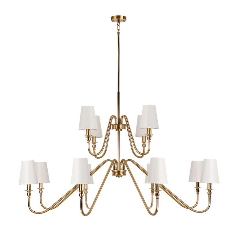 Bella 12-Light 2- Tier Classic Modern Black & Gold Finish Chandelier With Beige Fabric Stay-Straight Shades