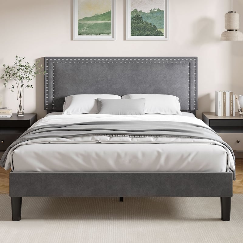 Upholstered Platform Bed Frame with Adjustable Headboard Velvet Nailhead Trim No Box Spring Needed - Grey - Queen