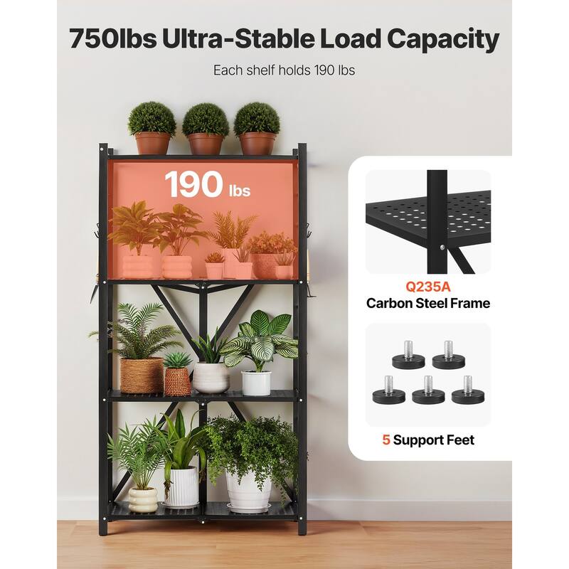 Black Carbon Steel 4 Tier Folding Garage Storage Shelf with Wheels - 13 x 28 x 54 in