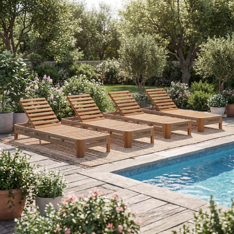 Christopher Knight Home - Delacroix Acacia Wood Outdoor Chaise Lounge with with Adjustable Backrest, Handwoven Rope Accents - Set of 4+Teak Finish+Grey Rope