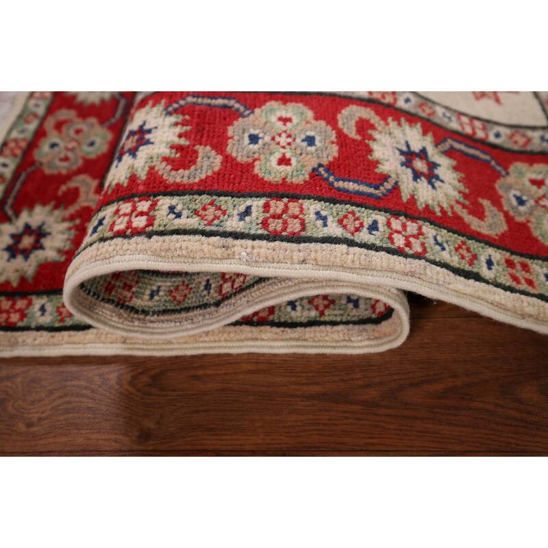 Ivory Geometric Kazak Accent Rug Hand-Knotted Wool Carpet - 2'10" x 3'10"