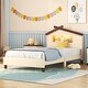 preview thumbnail 1 of 48, Wood Bed Frame w/ House-Shaped Headboard & Motion Activated Night Lights for Kids Cream - Twin