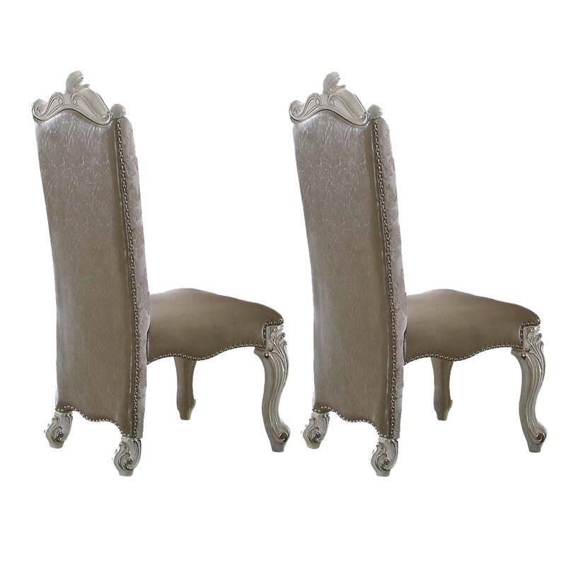 Faux Leather Upholstered Wooden Side Chair with Scrolled Carvings, White, Set of 2