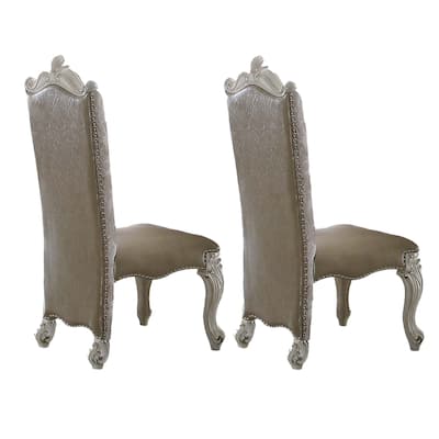 Faux Leather Upholstered Wooden Side Chair with Scrolled Carvings, White, Set of 2