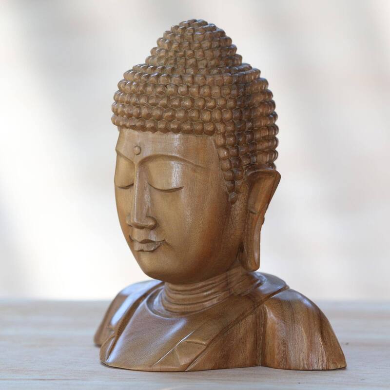 Handmade Serenity Of Buddha Wood Statuette (Indonesia) - 7.75" H x 7" W x 4.7" D