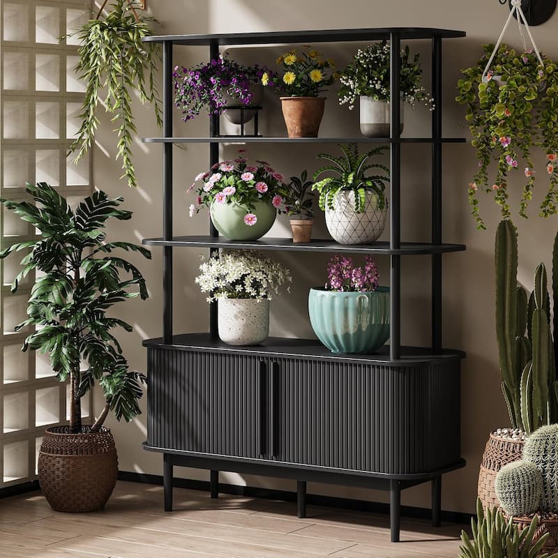 Bookshelf with Sliding Tambour Doors, Mid Century Modern Bookshelf with Storage, Wooden Open Display Shelf - Black