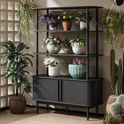 Bookshelf with Sliding Tambour Doors, Mid Century Modern Bookshelf with Storage, Wooden Open Display Shelf