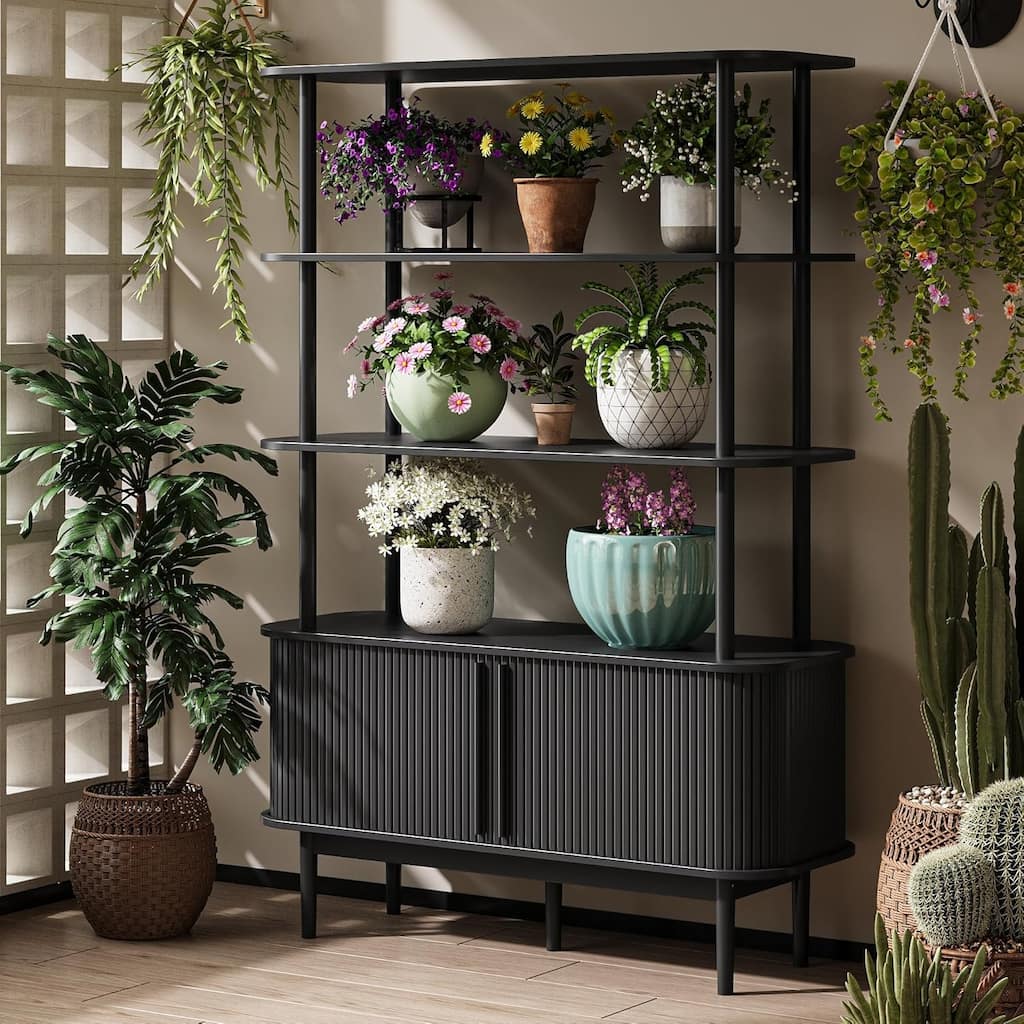 Bookshelf with Sliding Tambour Doors, Mid Century Modern Bookshelf with Storage, Wooden Open Display Shelf