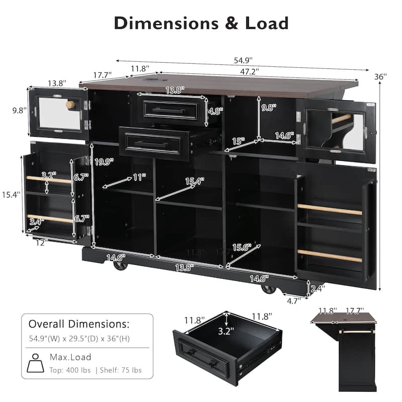 54.9"Rolling Kitchen Island w/ Drop Leaf,Power Outlet,Cross Barn Doors